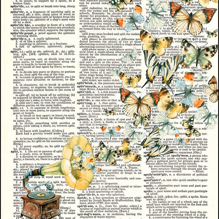 Antique Record Player and Butterflies Dictionary Art Print