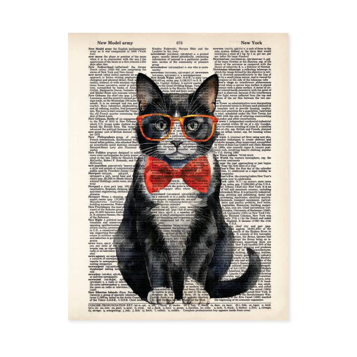 Tuxedo Cat with Glasses and Bowtie Dictionary Art Print
