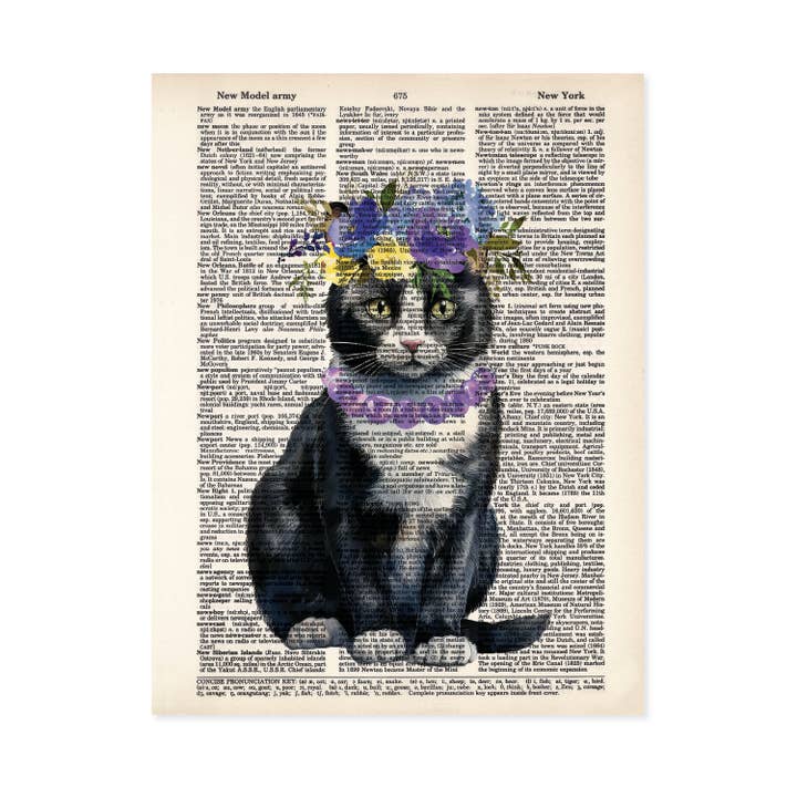 Tuxedo Cat with Flowers and Purple Necklace Dictionary Art Print