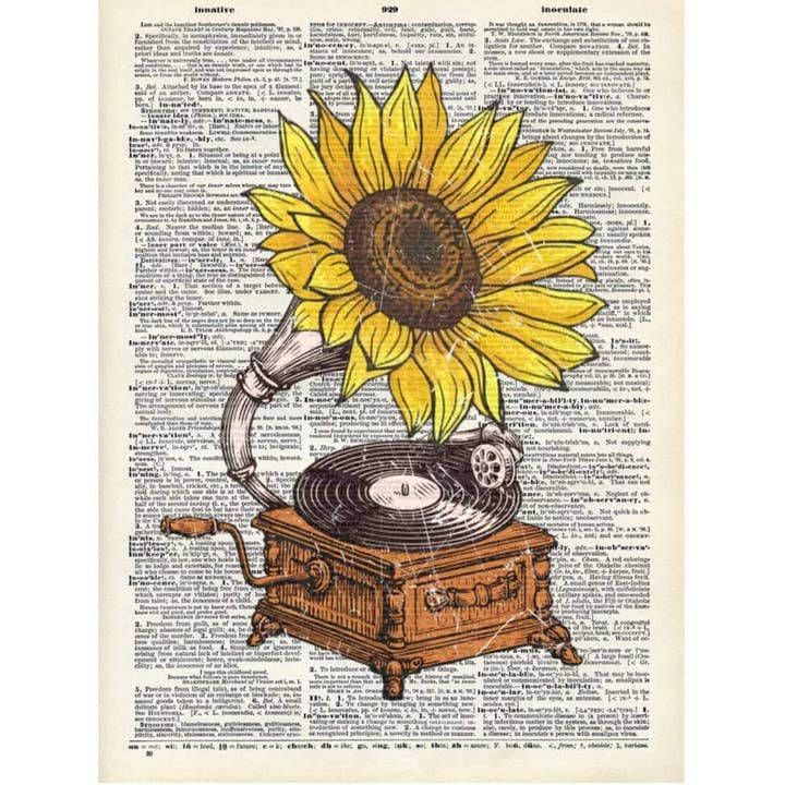Sunflower Record Player Dictionary Art Print