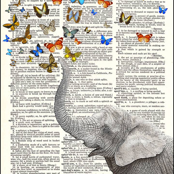 Lucky Elephant and Butterflies Dictionary Art Print
