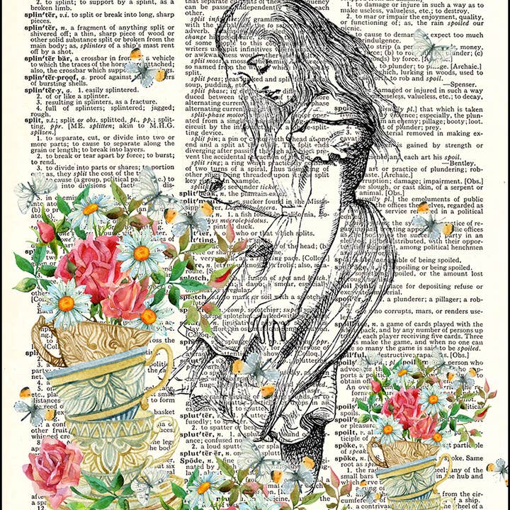 Alice with Tea Cup Flowers Dictionary Art Print