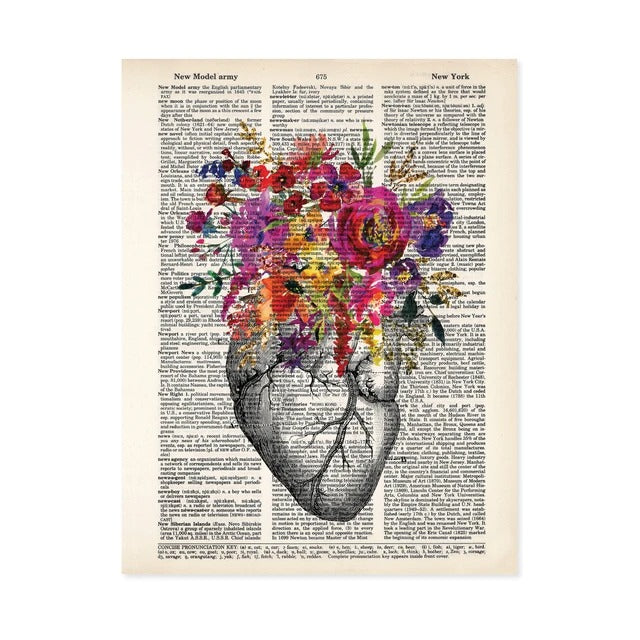 Heart with Flowers in Pinks, Purples Dictionary Art Print