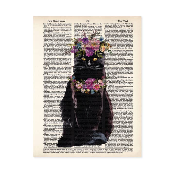 Black Cat with Watercolor Flowers Dictionary Art Print