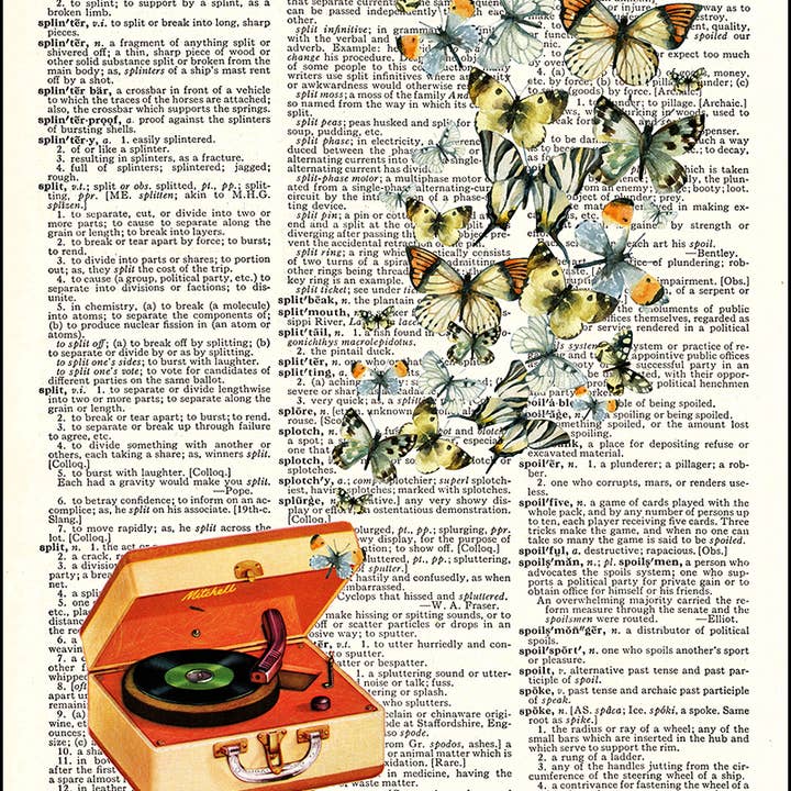 Retro Record Player and Butterflies Dictionary Art Print
