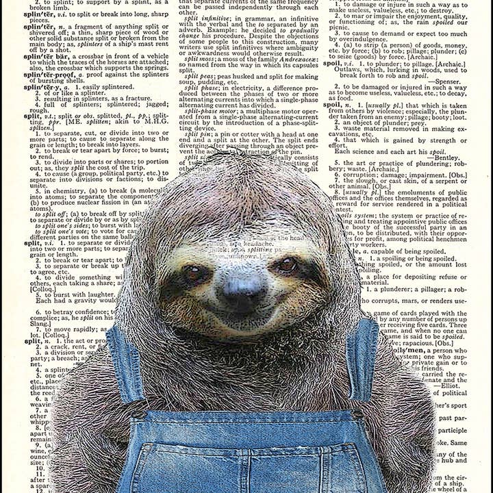 Sloth in Overalls Dictionary Art Print
