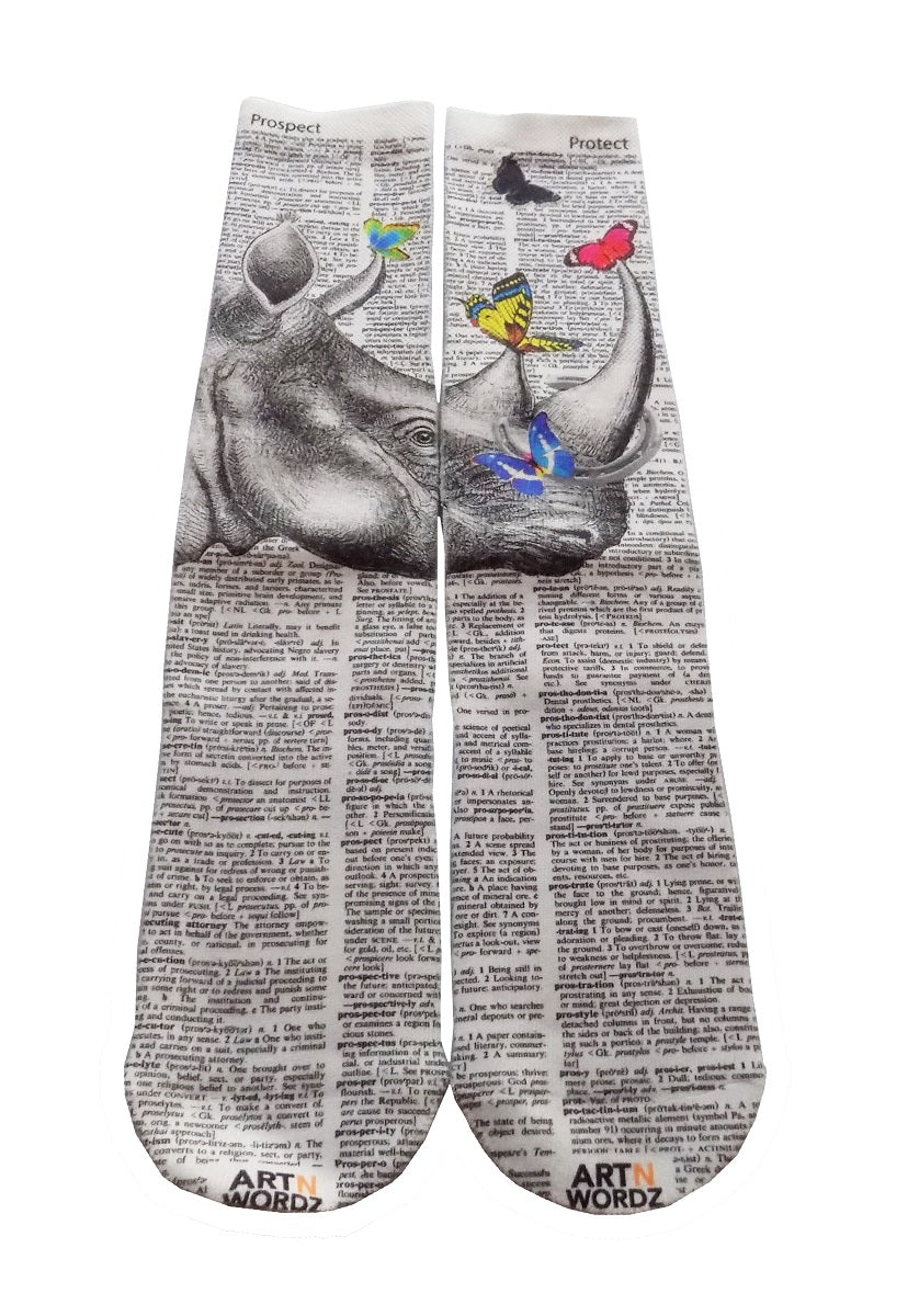 Wearable Rhino Butterflies Unisex Dictionary Art Socks