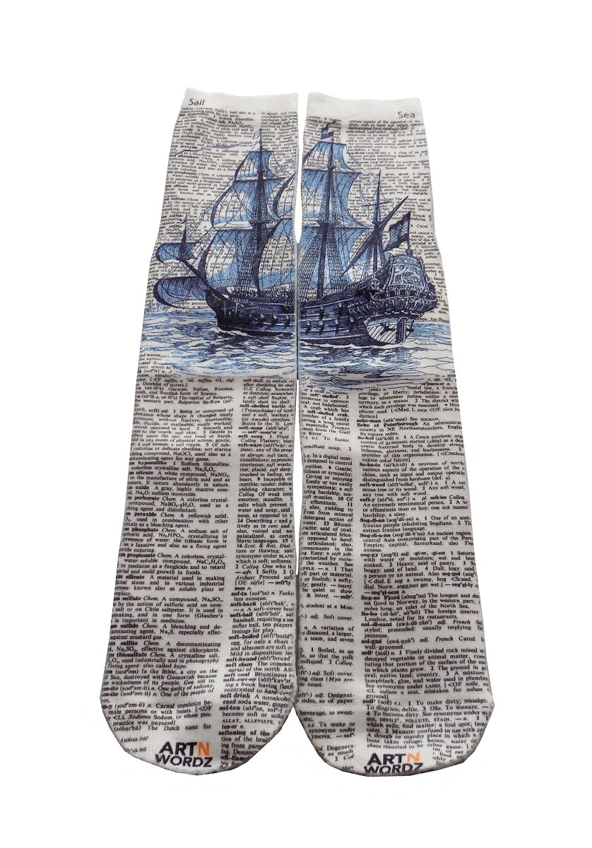 Wearable Tall Blue Ship Unisex Dictionary Art Socks