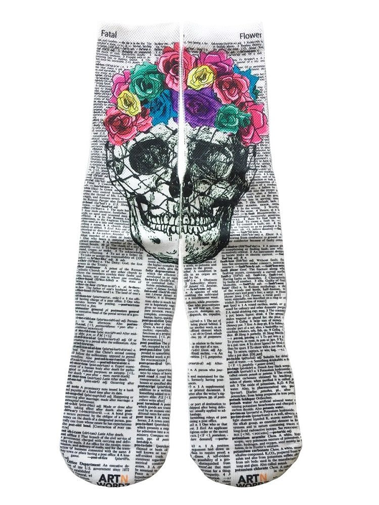 Wearable Flower Skull Unisex Dictionary Art Socks