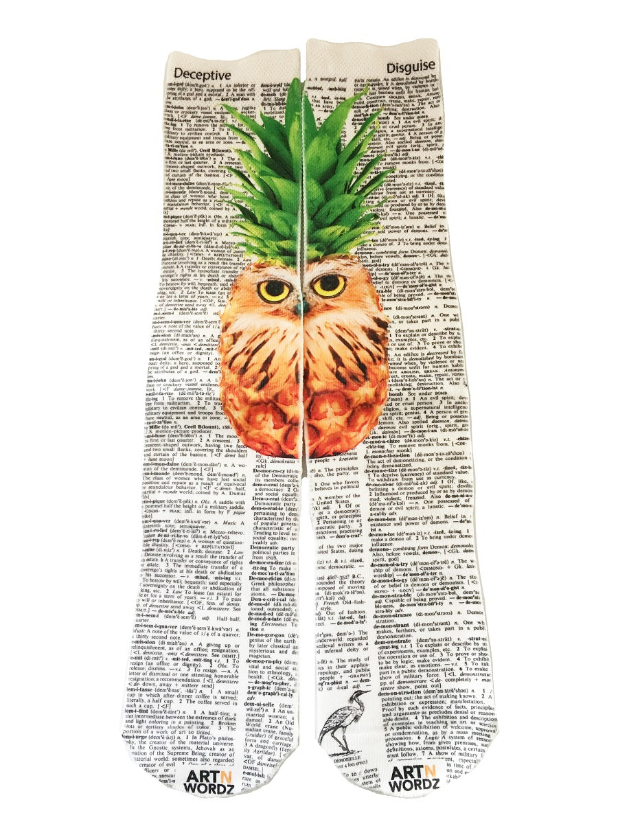 Wearable Pineowlple Pineapple Owl Unisex Dictionary Art Socks