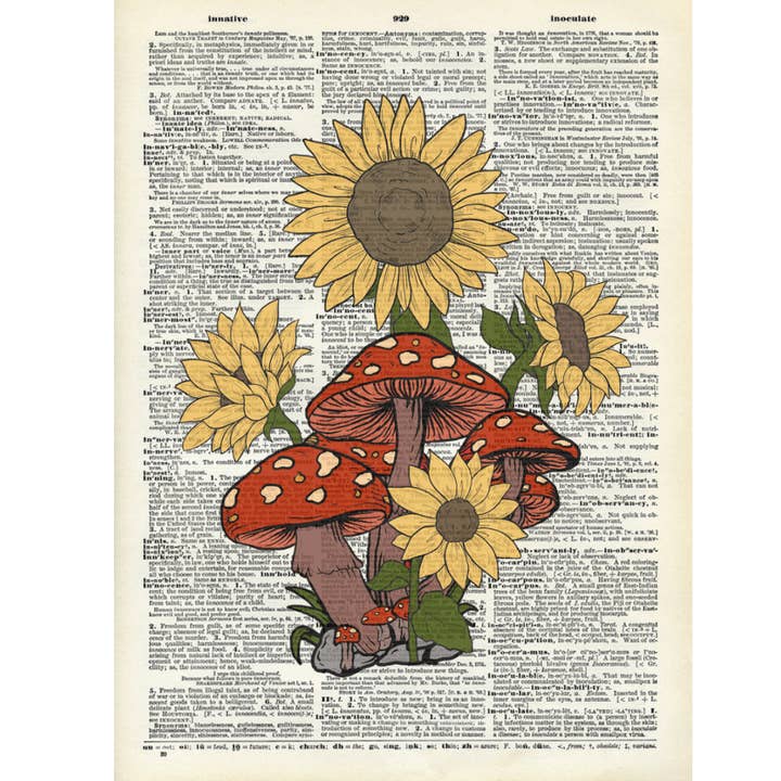 Mushroom, Sunflower, Trippy Dictionary Art Print