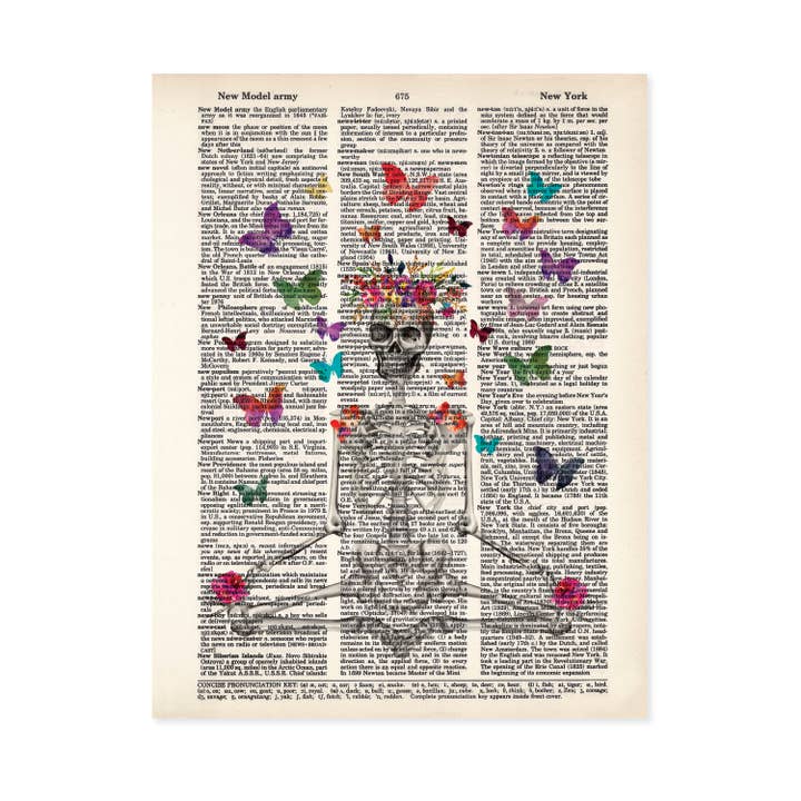 Skeleton Yoga Pose with Flowers and Butterflies Dictionary Art Print