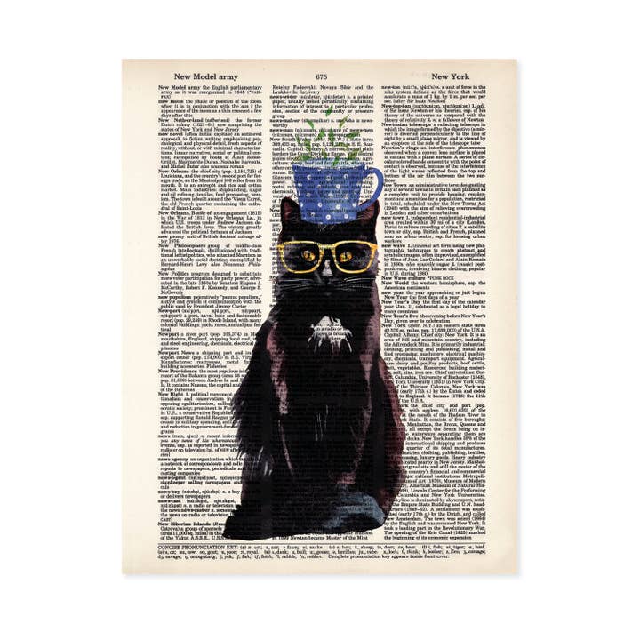 Black Cat Tea Cup Dictionary Art Print