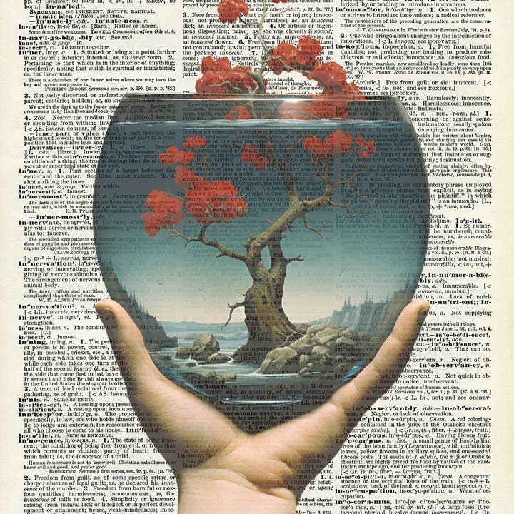 Cherry Blossom Floral, Tree, Glass Water Bowl Vintage Dictionary Art Print