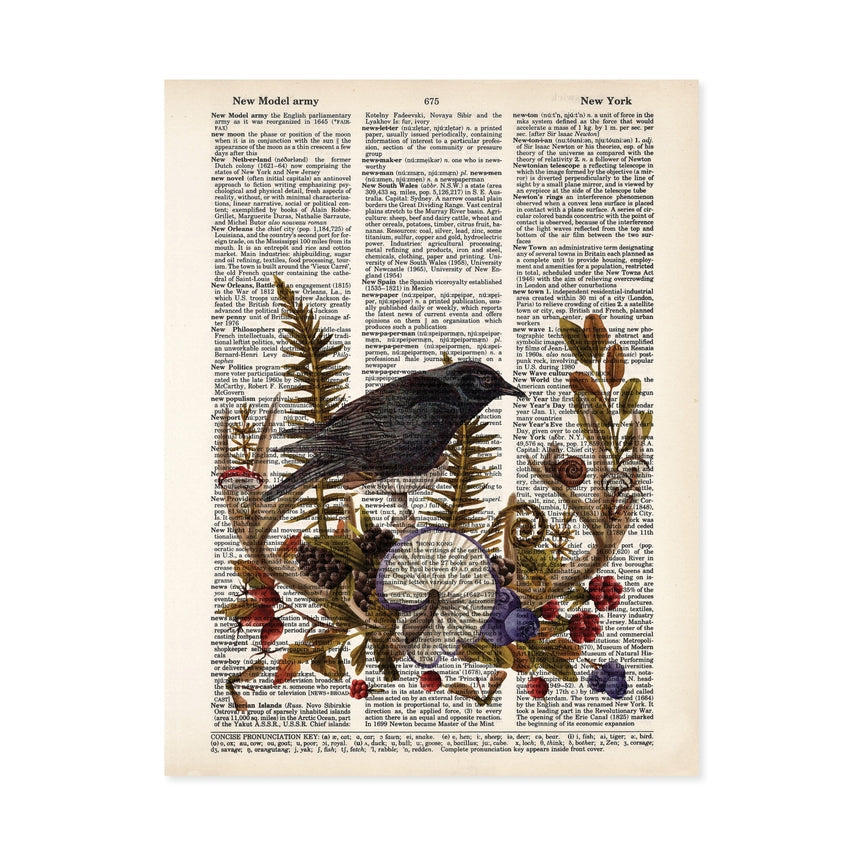 Raven Blackbird Perched On Mushroom with Antlers, Berries, Snail Dictionary Art Print