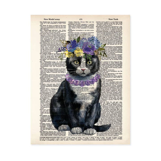 Tuxedo Cat with Flowers and Purple Necklace Dictionary Art Print