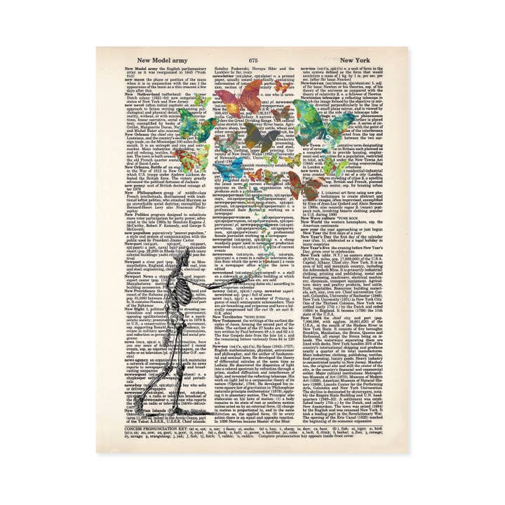 Skeleton with Butterflies Dictionary Art Print