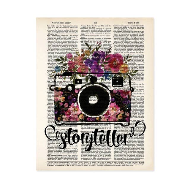 Storyteller story teller Camera with Flowers Dictionary Art Print