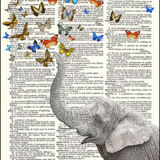 Lucky Elephant and Butterflies Dictionary Art Print