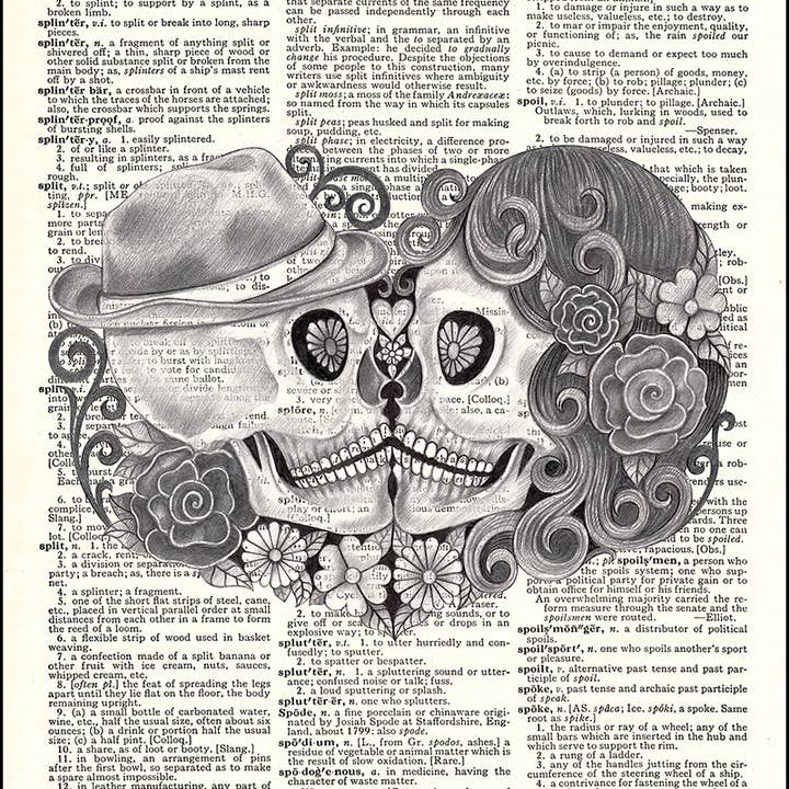 Day of the Dead Pencil Skulls Skeleton Kiss Dictionary Art Print