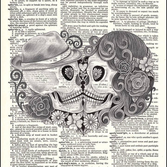 Day of the Dead Pencil Skulls Skeleton Kiss Dictionary Art Print