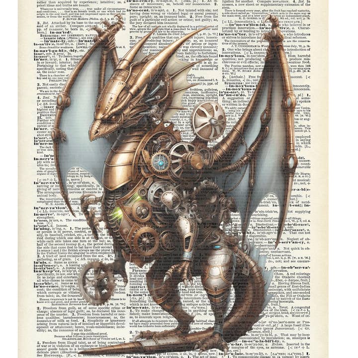 Fantasy Steampunk Dragon Vintage Dictionary Art Print