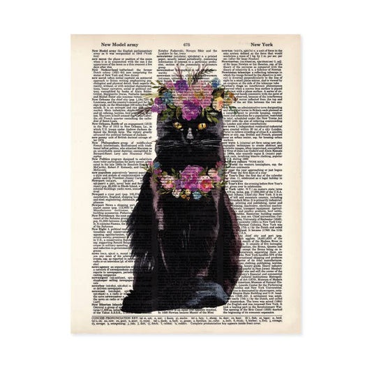 Black Cat with Watercolor Flowers Dictionary Art Print