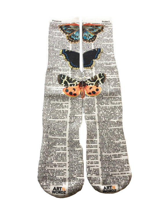 Wearable Stacked Butterflies Unisex Dictionary Art Socks