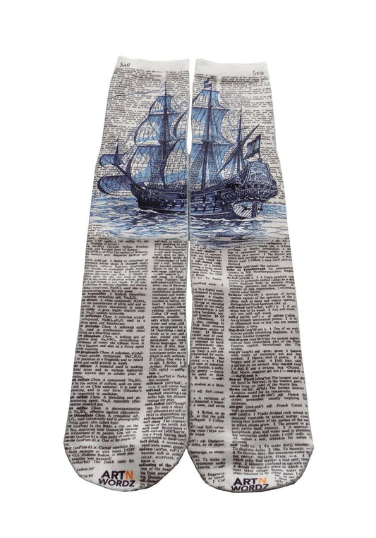 Wearable Tall Blue Ship Unisex Dictionary Art Socks