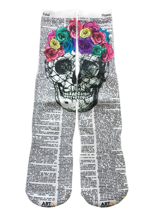 Wearable Flower Skull Unisex Dictionary Art Socks