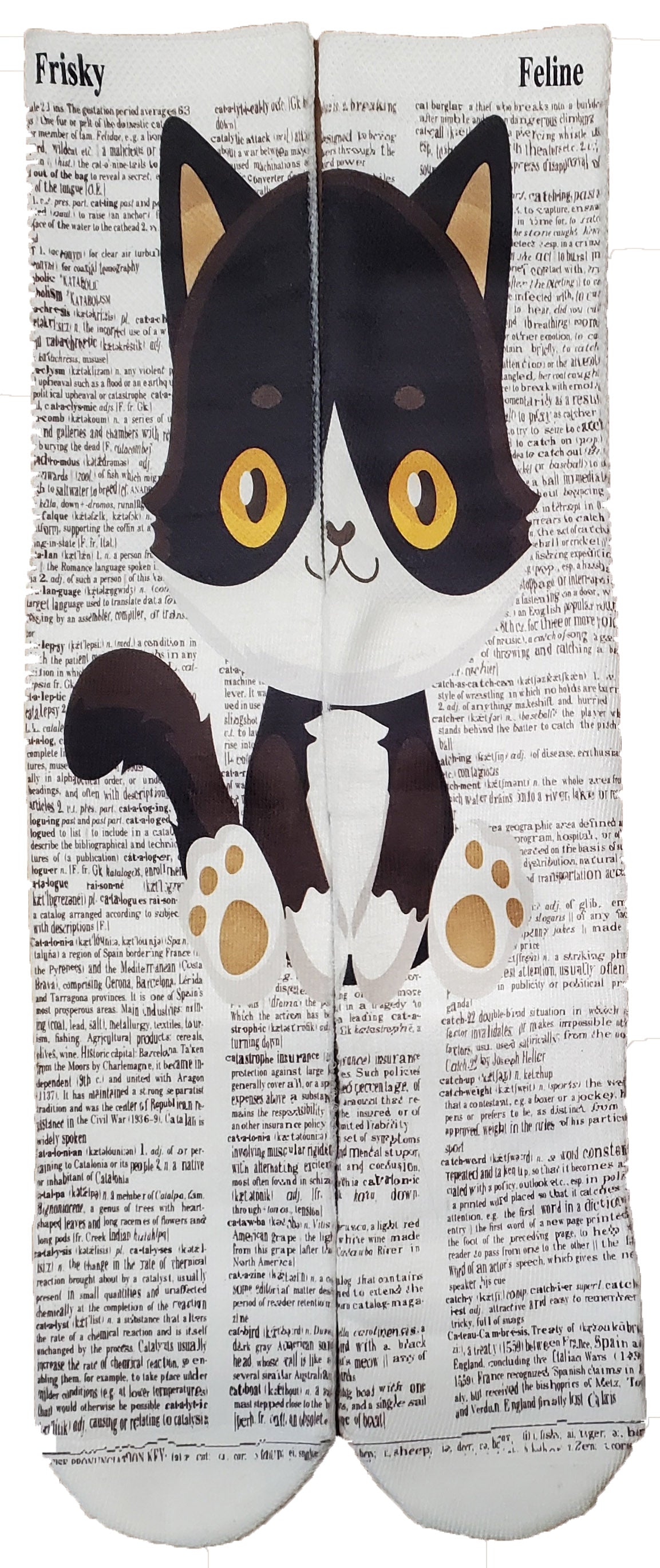 Frisky Feline Black and White Cat Unisex Dictionary Art Socks