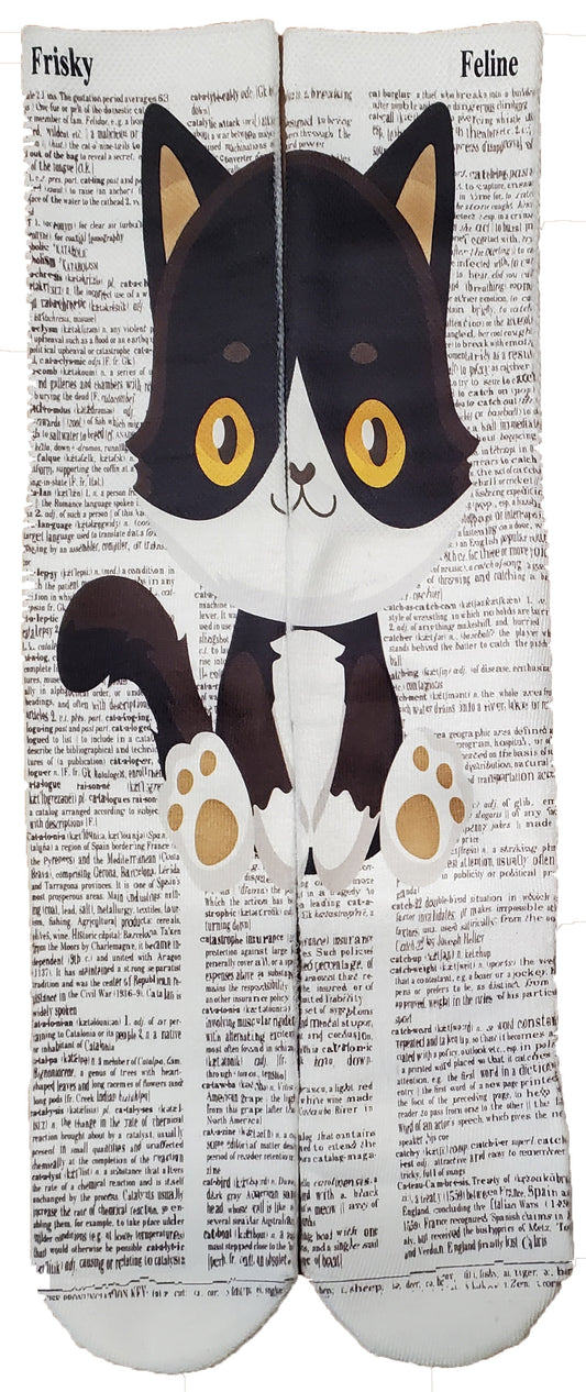 Frisky Feline Black and White Cat Unisex Dictionary Art Socks