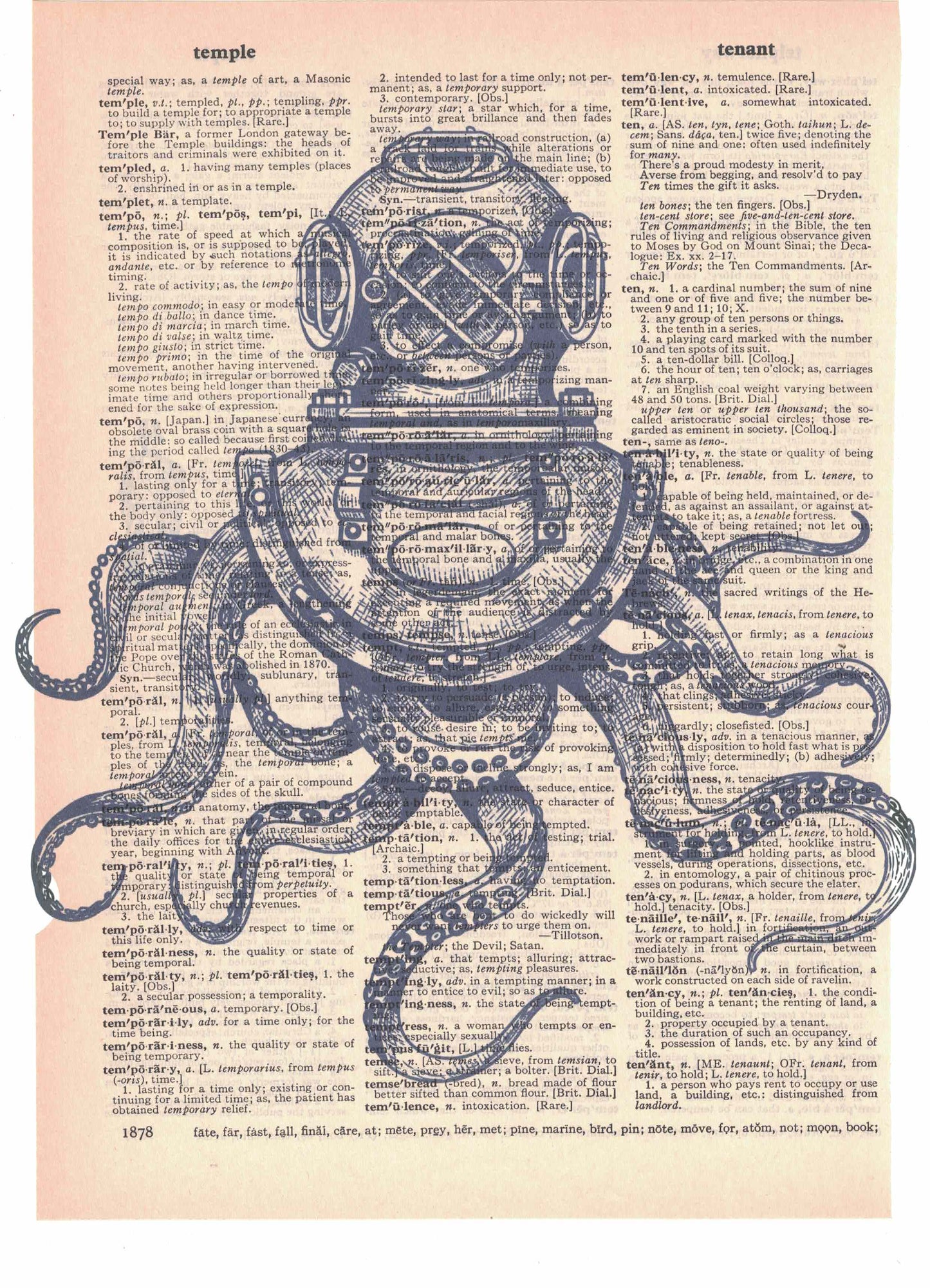 Diving Helmet Octopus Dictionary Art Print