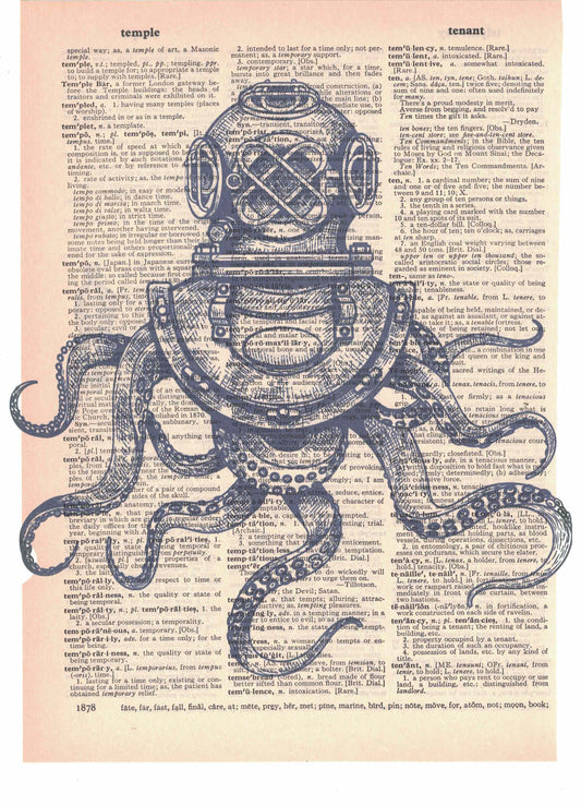 Diving Helmet Octopus Dictionary Art Print