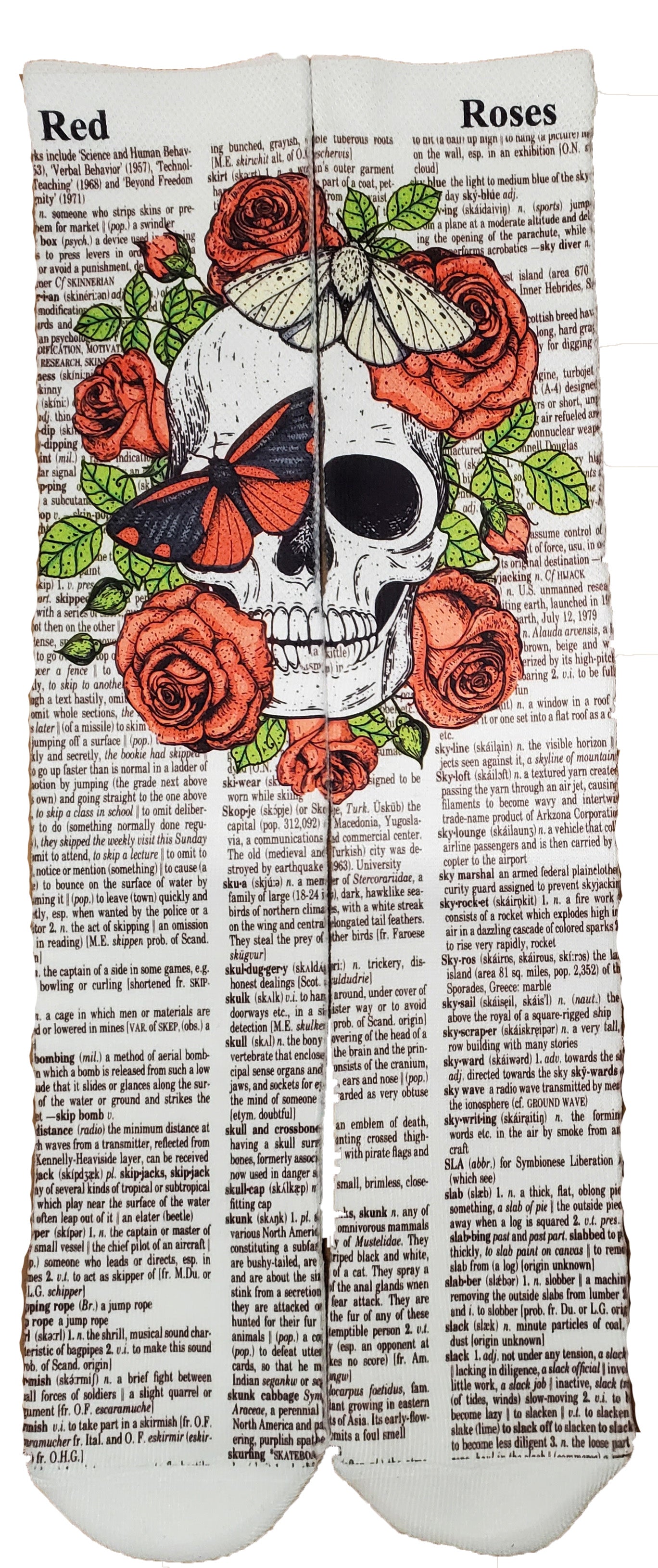 Red Roses Butterfly Skull Unisex Dictionary Art Socks