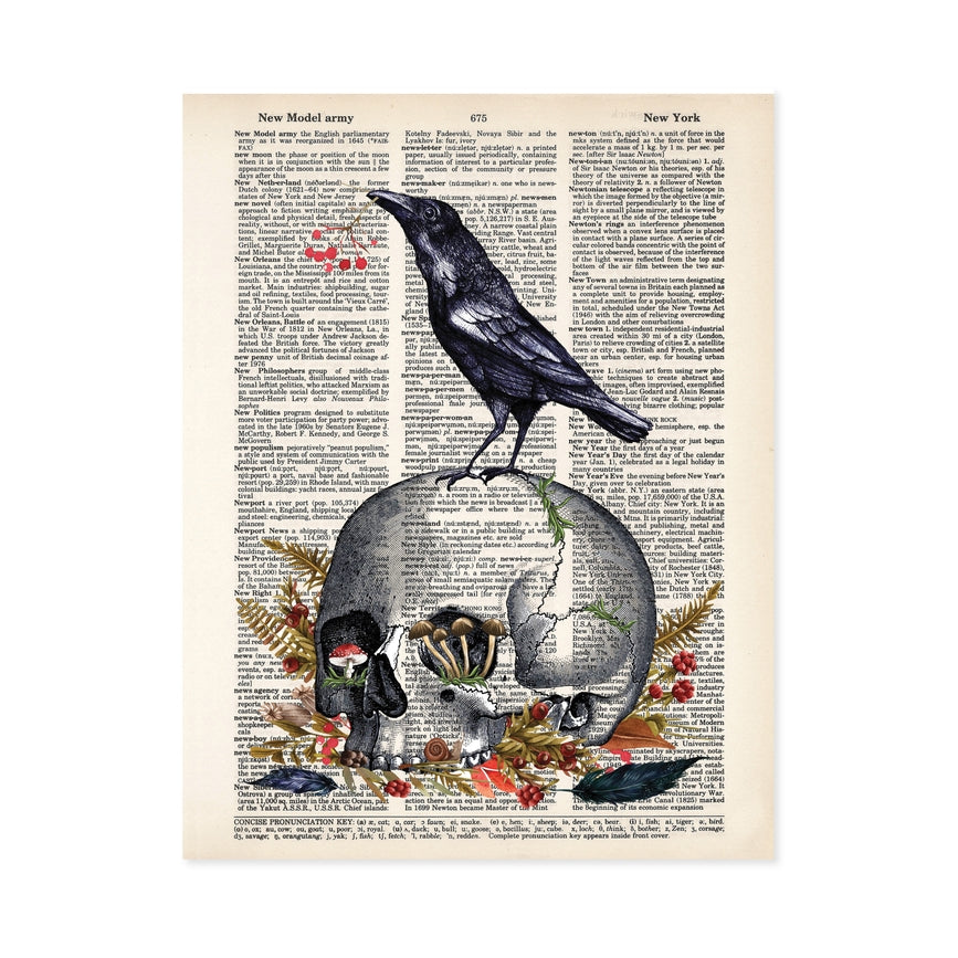 Raven Blackbird Sitting On Skull with Mushrooms Dictionary Art Print
