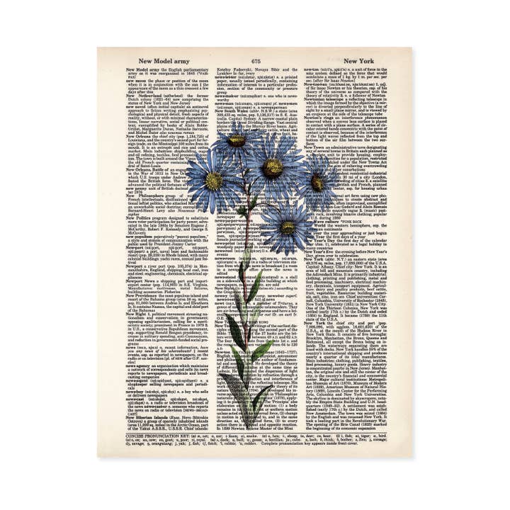 Blue Daisy Flowers Dictionary Art Print